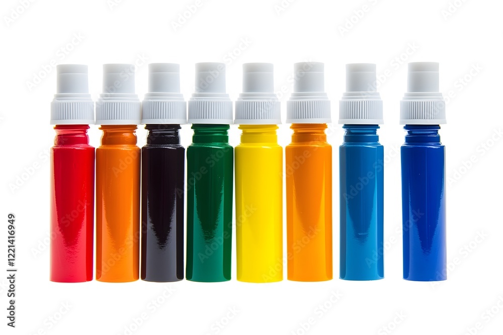 Vibrant acrylic paint bottles in a row isolated on a white background. Vibrant acrylic paint bottles in a row isolated on a white background.