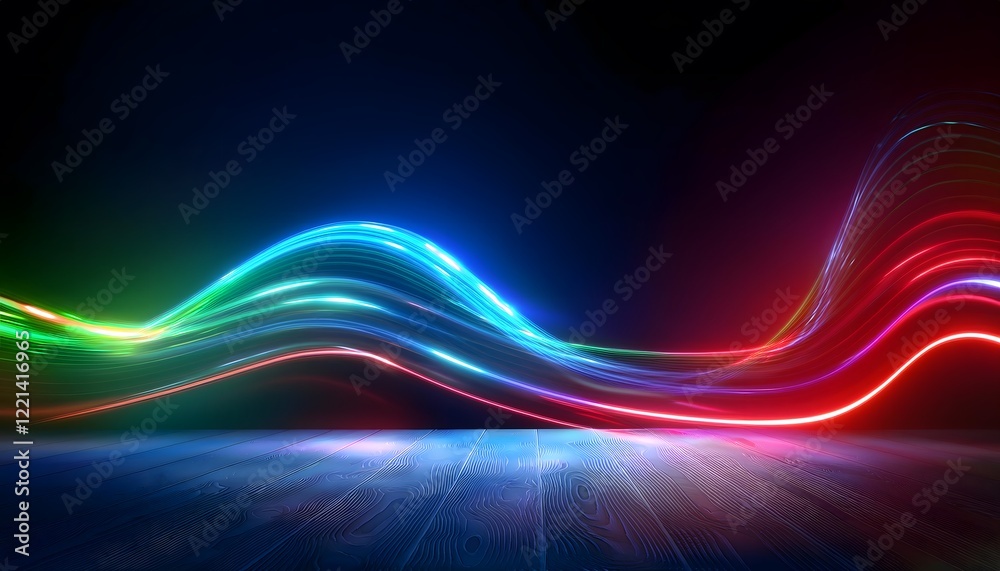 Naklejka premium Neon Wave abstract background, Isolated on a dark background, colorful Neon wave with glow, Technology, network, internet concept, Copyspace with empty table 