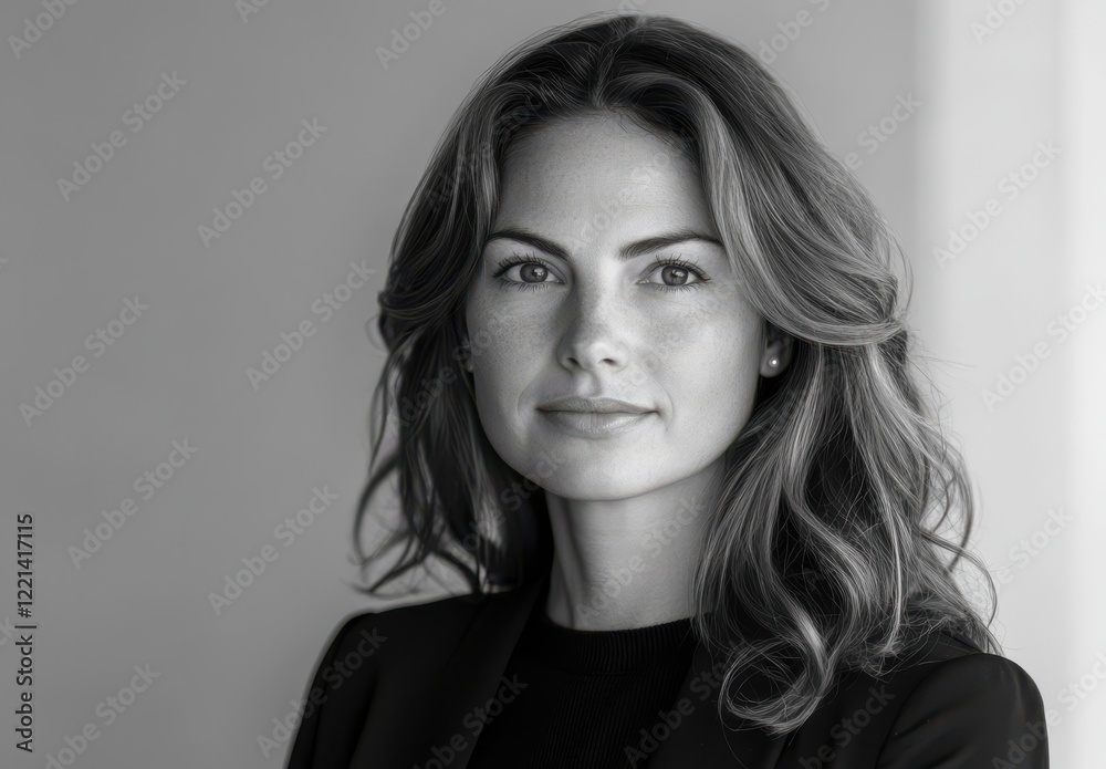 Obraz premium Professional woman with wavy hair in a portrait setting, exuding confidence and poise, showcasing modern business attire and a strong, engaging expression.