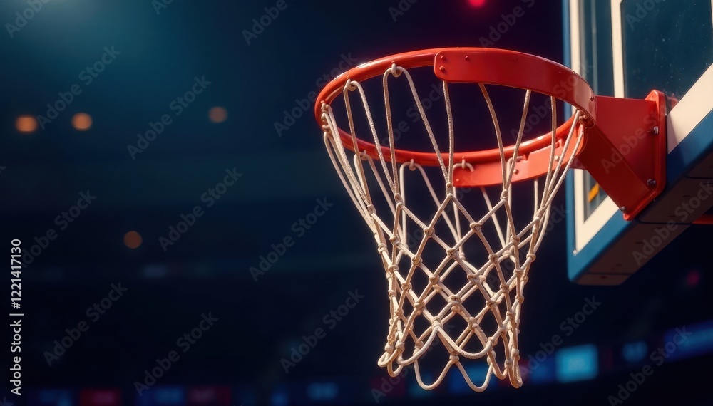 Close-up of basketball hoop with spotlight highlighting net, close-up, night, intense Close-up of basketball hoop with spotlight highlighting net, close-up, night, intense