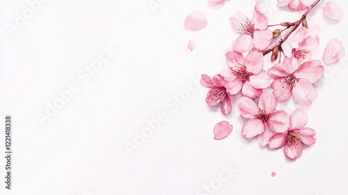 Delicate pink cherry blossoms scattered on white background evoke tranquility and beauty