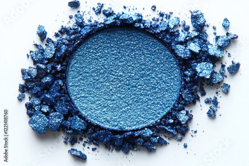 a round pressed pigment of deep blue color with a metallic sheen. Around it are scattered fragments of crumbled pigment, creating a bright composition of iridescent particles.  