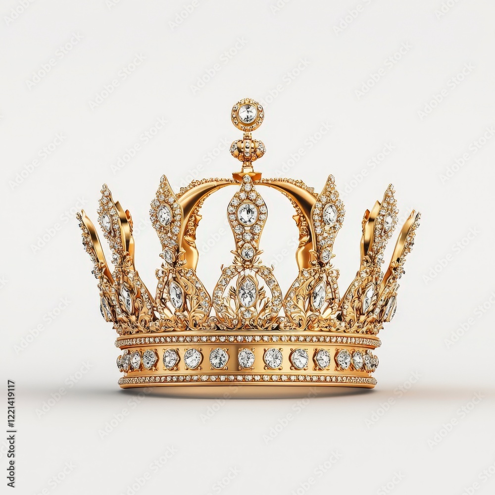 Fototapeta premium A beautifully designed golden crown adorned with sparkling diamonds, symbolizing royalty, luxury, and prestige. Perfect for celebration needs.