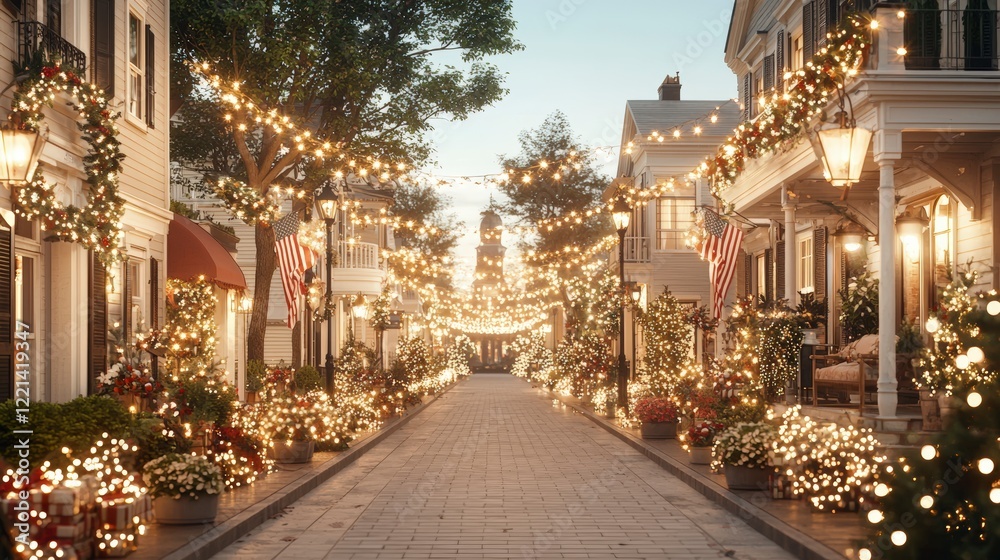 Fototapeta premium A beautifully lit street adorned with vibrant holiday decorations, creating a warm and inviting atmosphere for festive celebrations and gatherings.