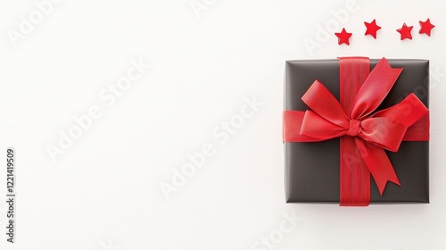 A beautifully wrapped gift box with a vibrant red bow and decorative stars, perfect for holidays, celebrations, or special occasions.