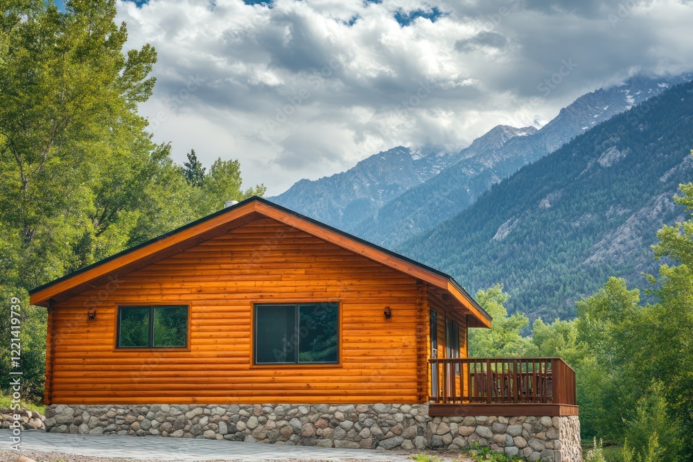Obraz premium A serene alpine cabin with wooden siding, a stone foundation, and a mountain backdrop
