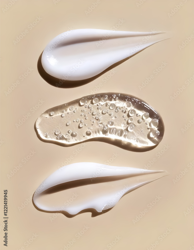 Samples of cosmetic skincare products with smears of white cream and transparent gel textures on a light warm beige background. Samples of cosmetic skincare products with smears of white cream and transparent gel textures on a light warm beige background.