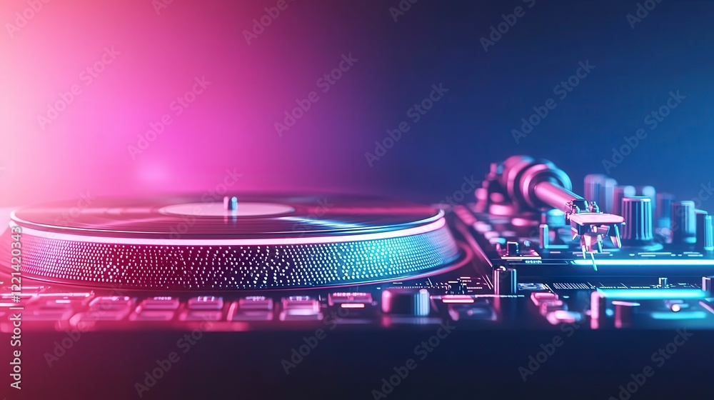 Fototapeta premium A close-up view of a modern turntable with vibrant neon lights, symbolizing the energy and creativity of music and nightlife.