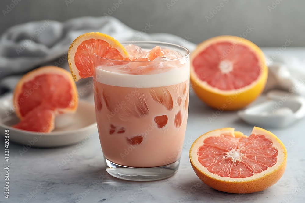 A refreshing pink grapefruit iced tea latte with a smooth layer of milk and a grapefruit slice. A refreshing pink grapefruit iced tea latte with a smooth layer of milk and a grapefruit slice.