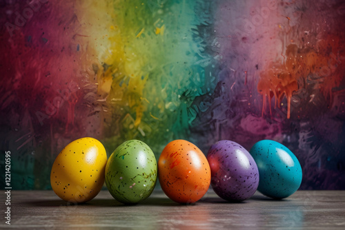 colorful spring eggs on abstract gradients colorful wall background, useful best happy easter day copy space