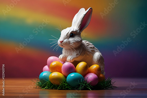 white statue of cute easter bunny on multi colors blurry background with easter on grass, happy spring time