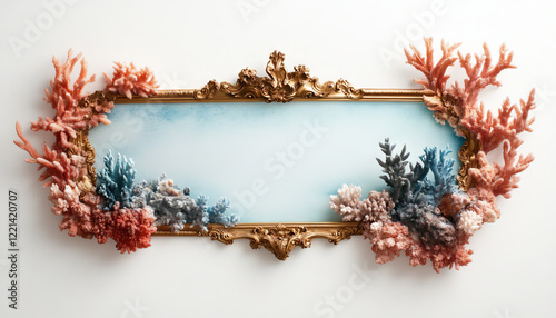 Fototapeta Naklejka Na Ścianę i Meble -  whimsical watercolor mirror framed with ornate gold, surrounded by colorful coral