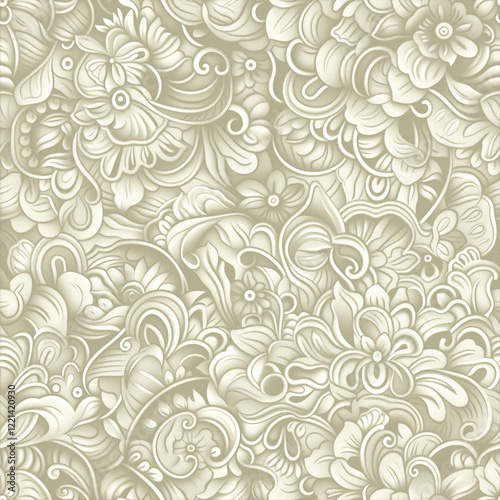 Seamless intricate floral doodle pattern in soft beige tones
