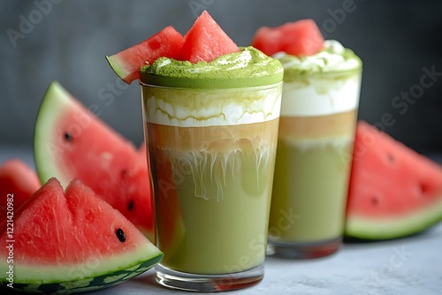A refreshing watermelon matcha latte with a creamy green top and a watermelon garnish.
