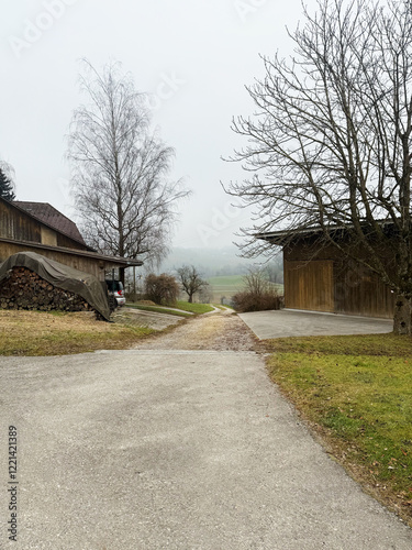 A rural farm scene with wooden barns, stacked firewood covered with a tarp, and a dirt path leading through the countryside. The landscape is surrounded by bare trees, grass, and a misty sky, reflecti photo