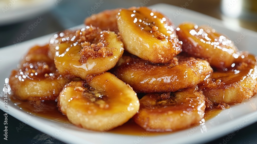 Close-up of a delicious fried banana dessert drizzled with honey on a white plate Close-up of a delicious fried banana dessert drizzled with honey on a white plate