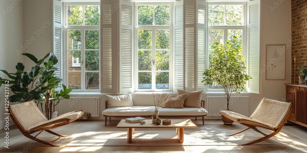 Obraz premium Bright and Airy Living Room With Large Windows and Natural Plants in a Serene Indoor Setting
