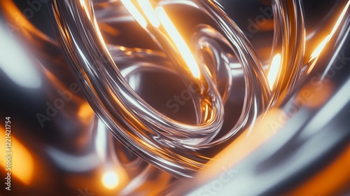 Abstract silver and orange glowing tubes intertwining in a complex formation