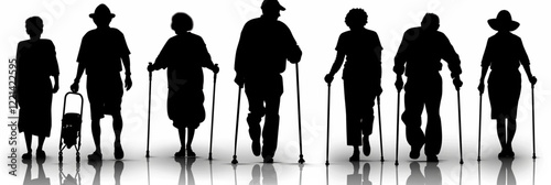 Silhouettes vector illustration of old age people walking and in various life stages and poses, unique vector icon set