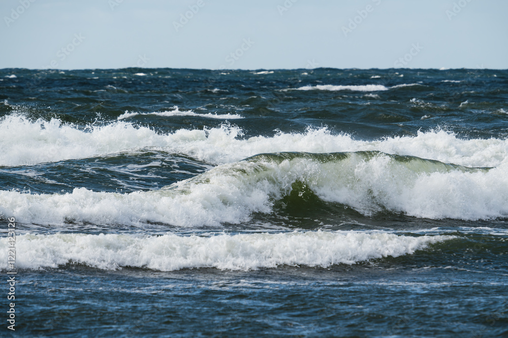 Untamed power of nature: The stormy Baltic Sea with high waves in Estonia.