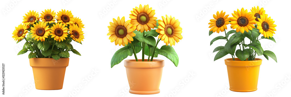 Obraz premium A Set of Cheerful 3D Cartoon Sunflower Arrangements Isolated on Transparent Background