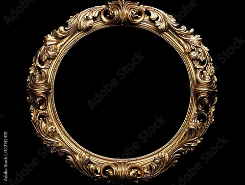 Antique Circular Frame with Detailed Gold Carvings on a Black Background, Ornate Victorian Baroque Style Decorative Border for Vintage Themes