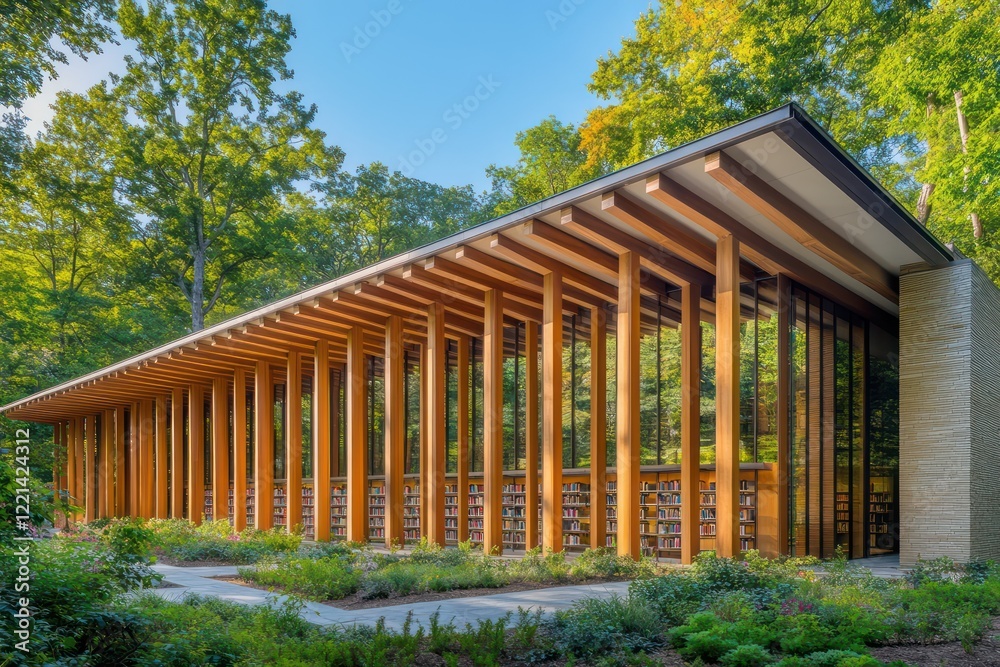 A serene library building with a facade of vertical wooden beams and a cantilevered roof, blending into a wooded setting A serene library building with a facade of vertical wooden beams and a cantilevered roof, blending into a wooded setting