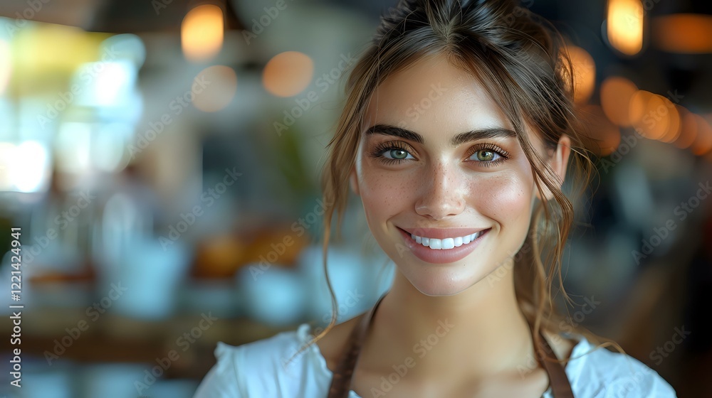 Beautiful young Caucasian woman with natural makeup and messy bun hairstyle smiling at camera in cozy cafe setting with warm bokeh lights perfect for lifestyle and beauty advertising. Beautiful young Caucasian woman with natural makeup and messy bun hairstyle smiling at camera in cozy cafe setting with warm bokeh lights perfect for lifestyle and beauty advertising.
