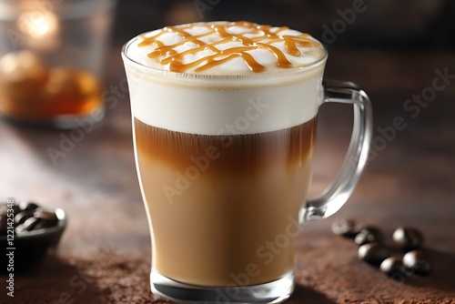 A rich coffee caramel latte with a silky foam top and a drizzle of caramel syrup.
