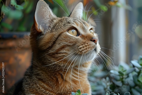 Close-up portrait of an alert ginger tabby cat with striking amber eyes looking up against blurred natural background, perfect for pet care marketing or animal photography projects. photo