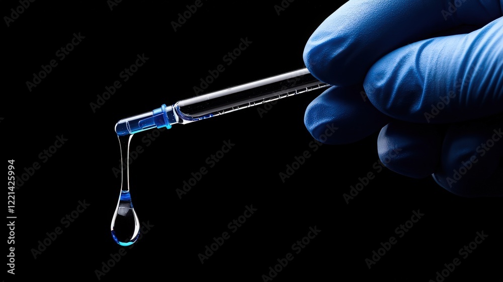 Precise Dropper: A gloved hand carefully dispenses a single drop of blue liquid from a dropper, a close-up shot capturing the liquid's graceful descent. Precise Dropper: A gloved hand carefully dispenses a single drop of blue liquid from a dropper, a close-up shot capturing the liquid's graceful descent.