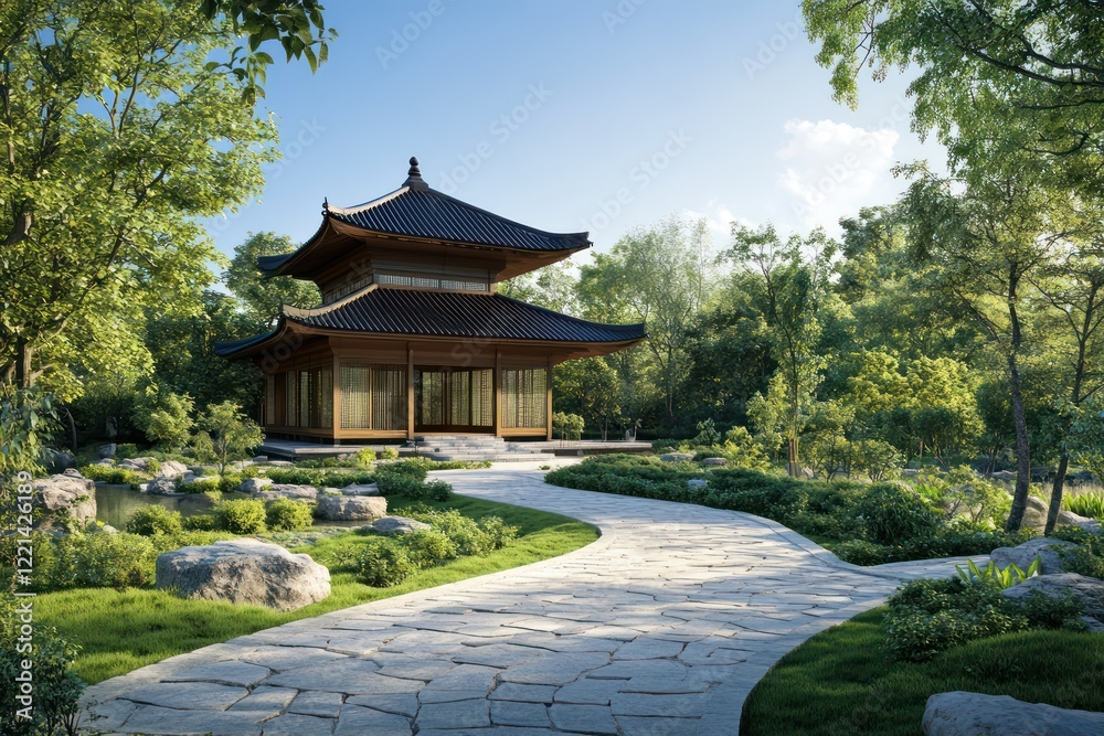 A serene pagoda-style building surrounded by a peaceful landscaped garden with a stone pathway A serene pagoda-style building surrounded by a peaceful landscaped garden with a stone pathway