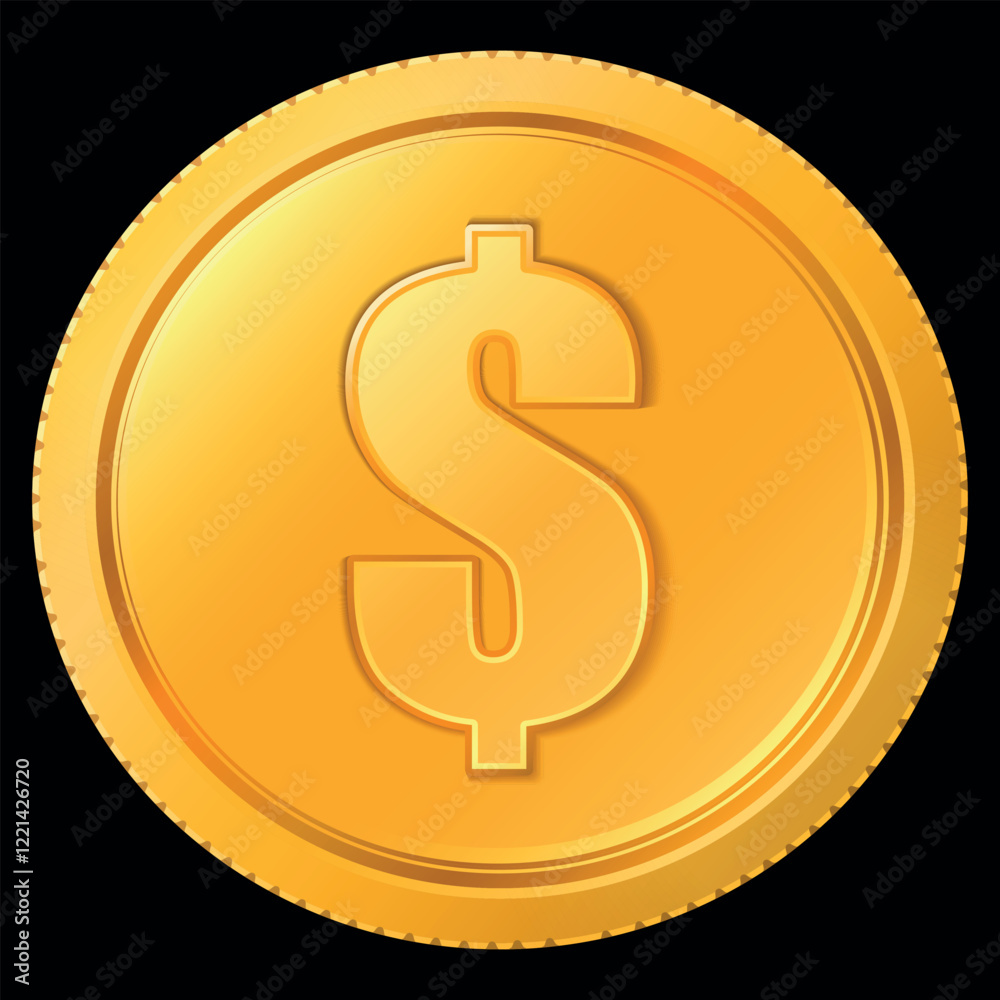 Gold realistic dollar coin. Vector on a black background Gold realistic dollar coin. Vector on a black background