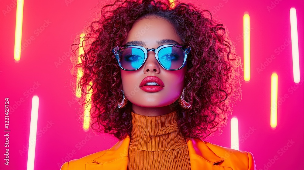 custom made wallpaper toronto digitalA stylish woman with curly hair and sunglasses poses confidently against a vibrant neon backdrop, embodying modern fashion and individuality.