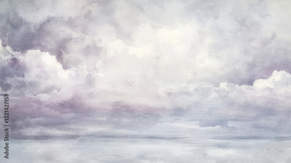 A painting of a cloudy sky with a large body of water in the background