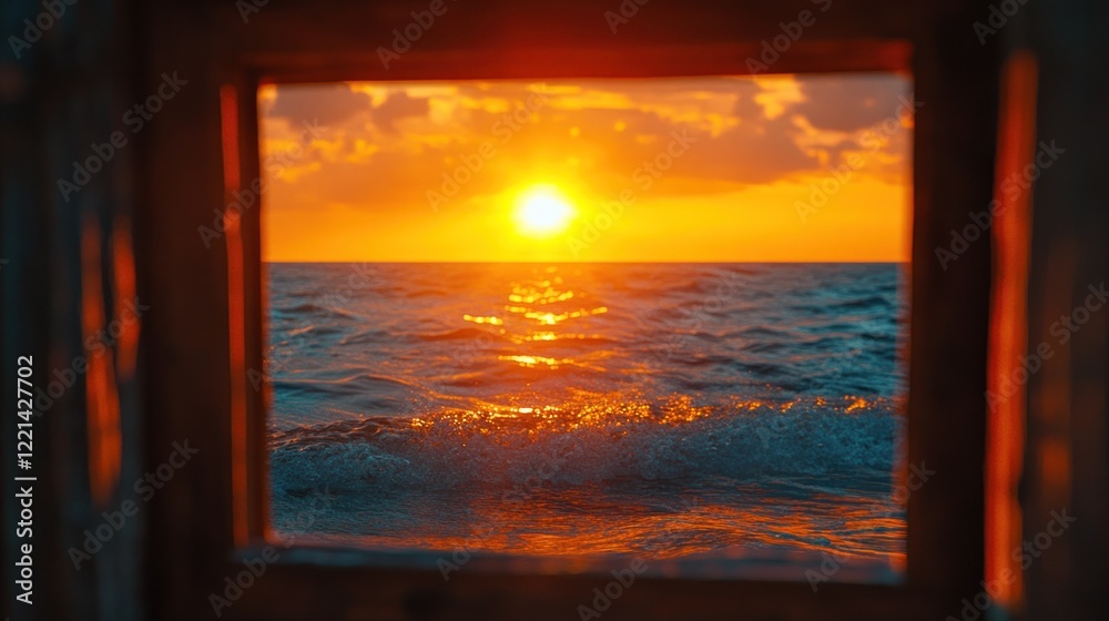Ocean Sunset Viewed Through a Wooden Frame Ocean Sunset Viewed Through a Wooden Frame