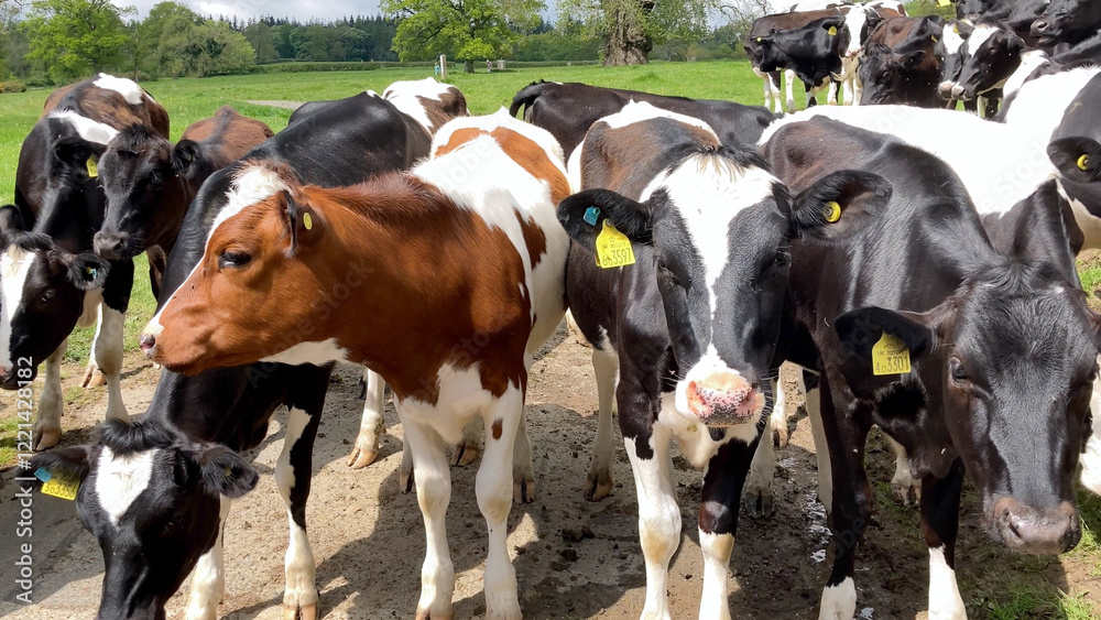 A peaceful pastoral scene featuring a group of young cows in a countryside setting surrounded by green fields and trees - Herefordshire, UK A peaceful pastoral scene featuring a group of young cows in a countryside setting surrounded by green fields and trees - Herefordshire, UK