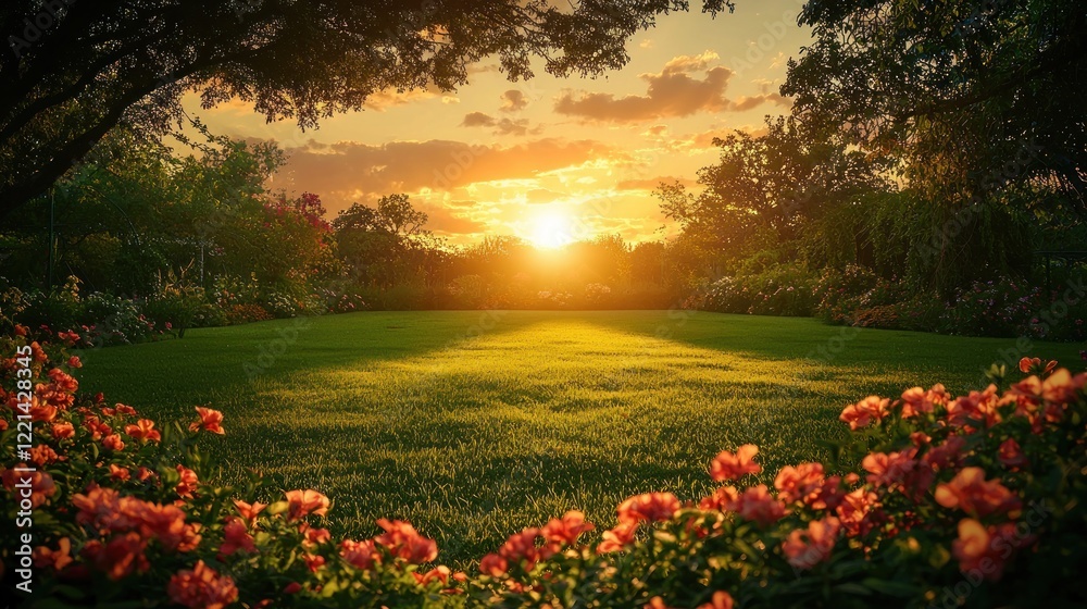 Fototapeta premium Sunset Garden Scene with Lush Green Grass and Flowers