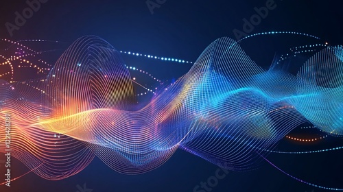 Abstract digital flowing wave with light particles on dark background, technology