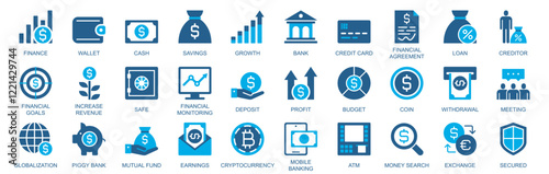 Finance icon set in flat duotone solid icons web design. Pack pictograms with wallet, cash, savings, growth, credit card, loan, creditor, goal, increase, revenue, safe, other. Vector illustration.