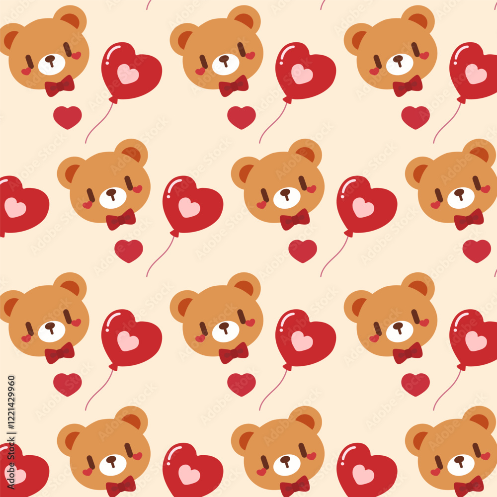Seamless Pattern of Cute Teddy Bear with Heart Balloons for Valentine’s Day. Adorable Valentine’s Day Teddy Bear and Heart Balloon Pattern Design. Seamless Pattern of Cute Teddy Bear with Heart Balloons for Valentine’s Day. Adorable Valentine’s Day Teddy Bear and Heart Balloon Pattern Design.