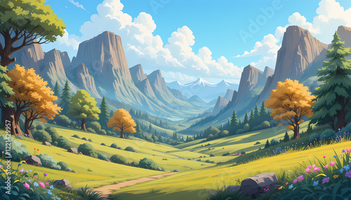 A cartoon landscape with mountains and trees illustration background for animation.
