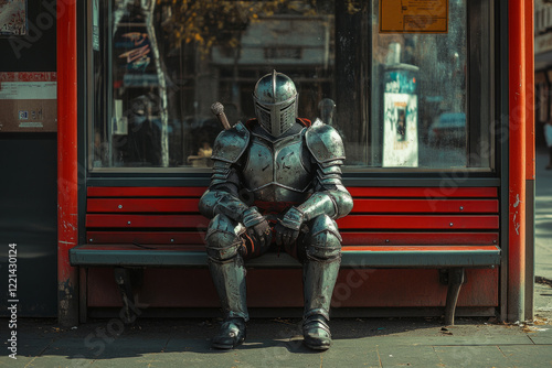 Medieval knight in full armor is patiently waiting at a bus stop, showcasing the clash between ancient warrior and modern urban life
