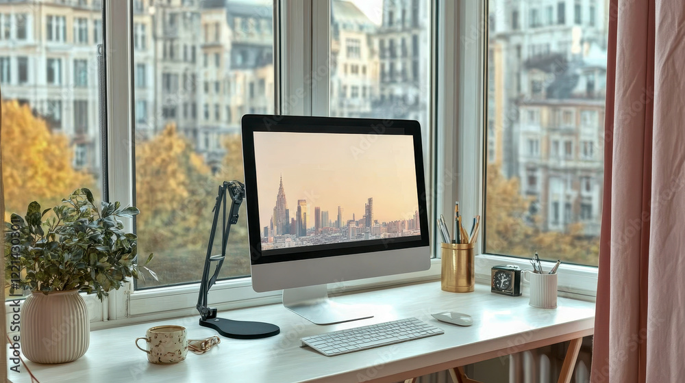 custom made wallpaper toronto digitalModern home office workspace displaying new york city skyline on computer monitor by window