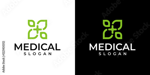 Cross Pharmacy Logo Vector with Organic Leaves for Medical Design.