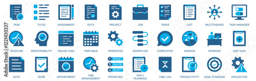 Task icon set in flat duotone solid icons web design. Pack pictograms with to do list, assignment, duty, project, multitasking, deadline, timetable, operation, priority, other. Vector illustration.