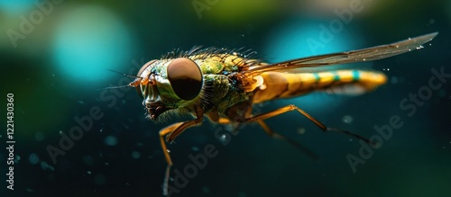 Captivating Close up Macro Photograph of a Vibrant Iridescent Fly Insect Displaying Intricate Compound Eyes and Intricate Patterns on its Body photo