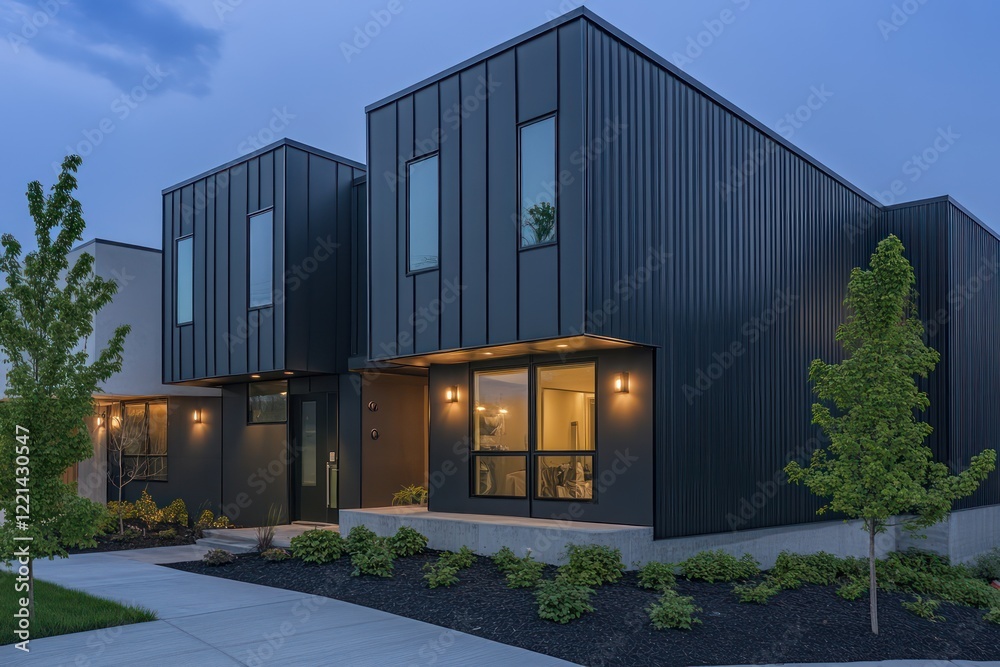 A serene urban residence with flat black metal cladding, recessed lighting, and minimal landscaping A serene urban residence with flat black metal cladding, recessed lighting, and minimal landscaping