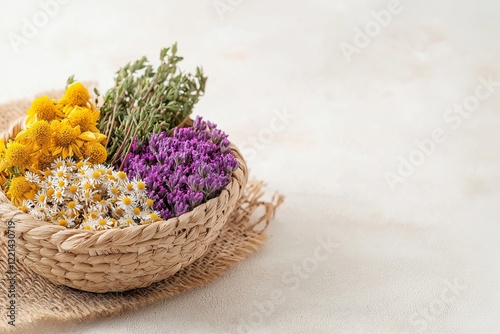 A woven basket holds an assortment of medicinal fresh herbs and flowers, featuring yellow, purple, and white bloom, set against a soft, neutral background. The arrangement highlights natural beauty.