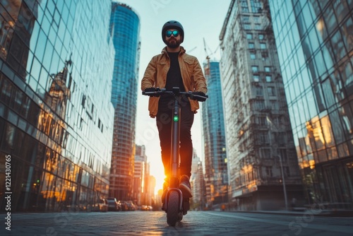 Businessman commuting on electric scooter in city center at sunset